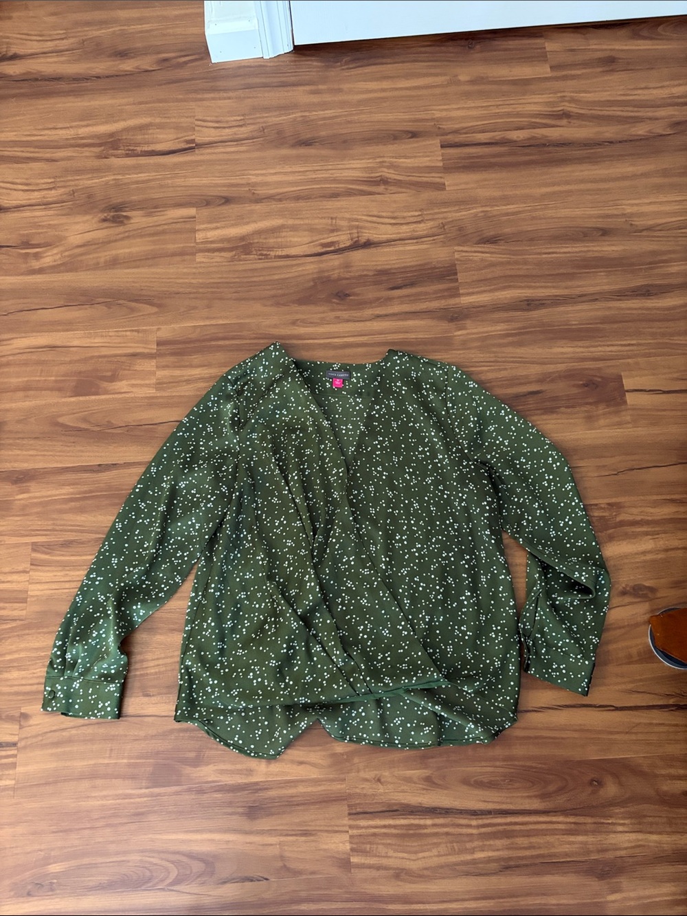 Vince Camuto Olive Green Dotted Faux-Wrap Blouse